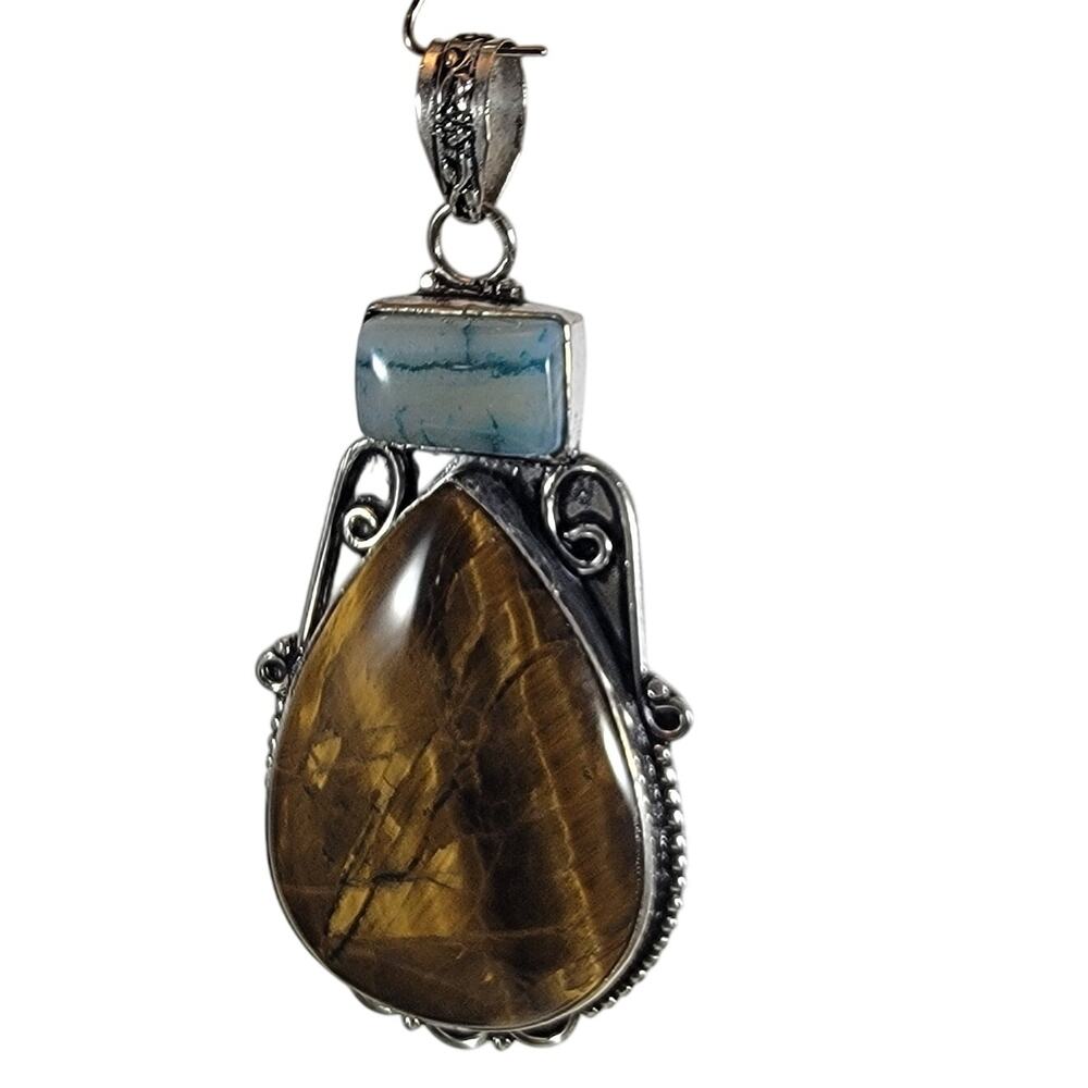Handmade Silver Pendant With Tiger’s Eye & Rare Caribbean Larimar Gemstones
